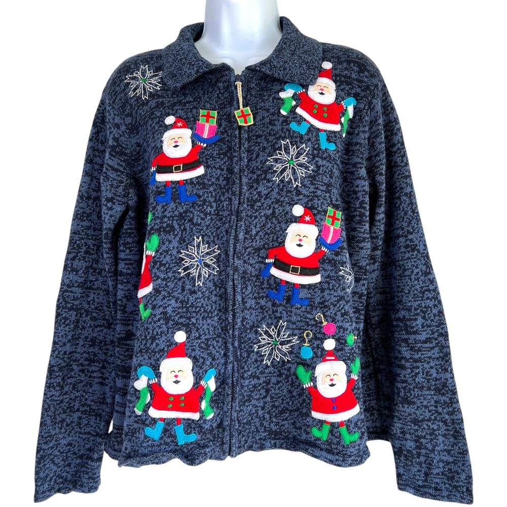 Vintage Jennifer Lauren‎ Christmas Santa Sweater Blue Size Large Festive Winter